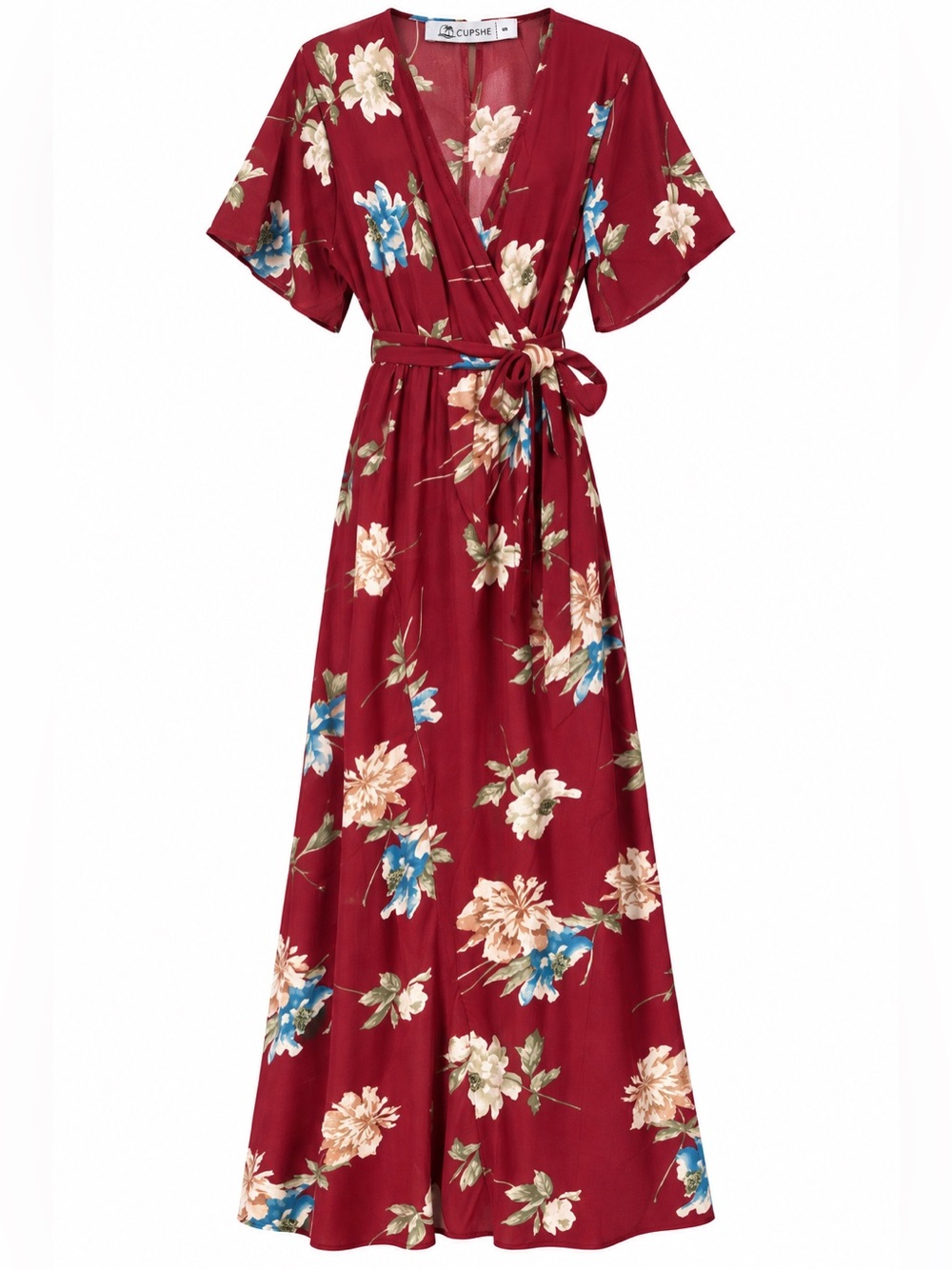 Cupshe Burgundy Floral Wrap Maxi Dress